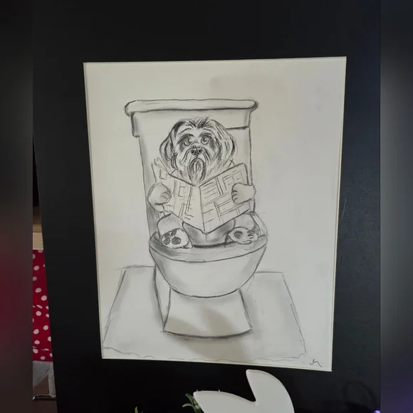 Whimsical Shitzo Dog on Toilet Black & White Art Print Original Signed - Picture 1 of 2